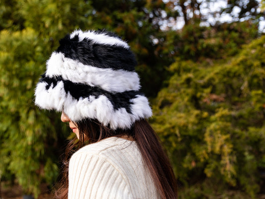 Chic Winter Fur Hat Knit Beanie, Elegant Winter Headwear, Stylish Cold-Weather Accessory, Sleek Fur Hat, Black & White Fur Beanie